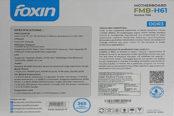Foxin FMB H61 Chipset DDR3 Motherboard Foxin FMB H61 Chipset DDR3 Motherboard