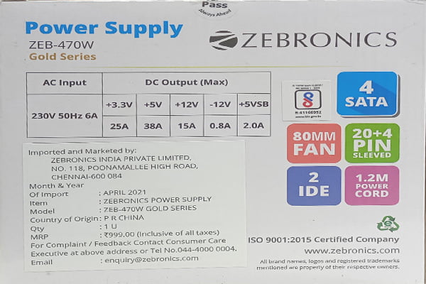 ZEBRONICS POWER SUPPLY (SMPS) GOLD SERIES ZEBRONICS POWER SUPPLY (SMPS) GOLD SERIES