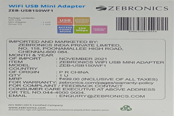 Zebronics ZEB-USB150WF1 WiFi USB Adapter Zebronics ZEB-USB150WF1 WiFi USB Adapter